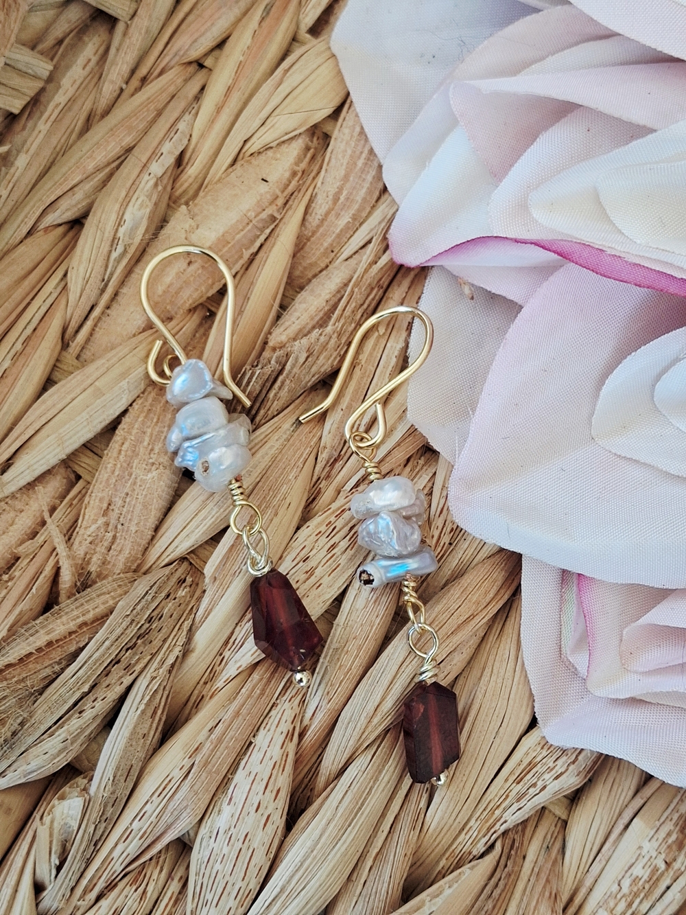 Gold Pearl and Garnet Drop Earrings